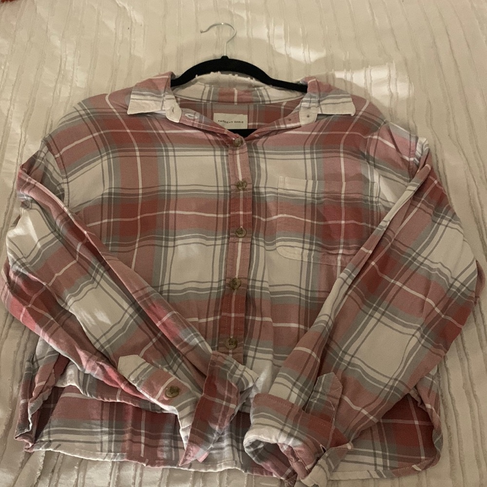 American Eagle Pink Cropped Flannel